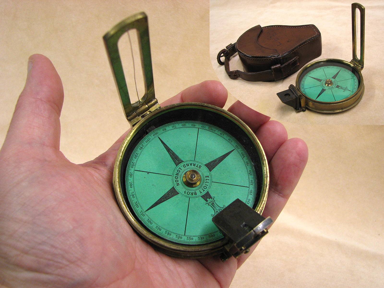 Mid 19th century Elliott Bros prismatic sighting compass owned by L.G. Cotton